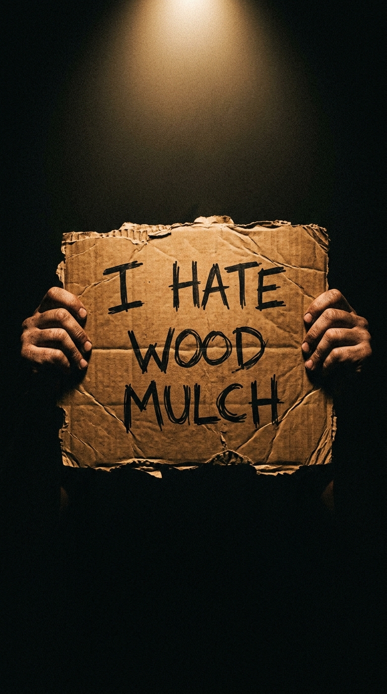 hands holding a crumpled cardboard sign that reads i hate wood mulch